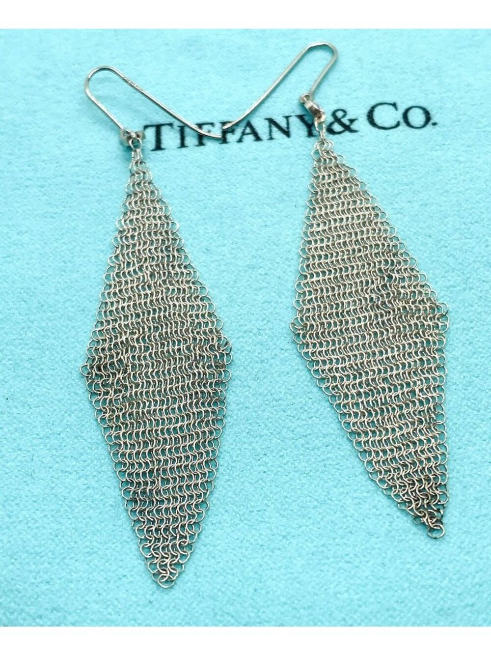 $1675 Authentic Tiffany & Co Mesh 3" .10 Diamond Drop Earrings